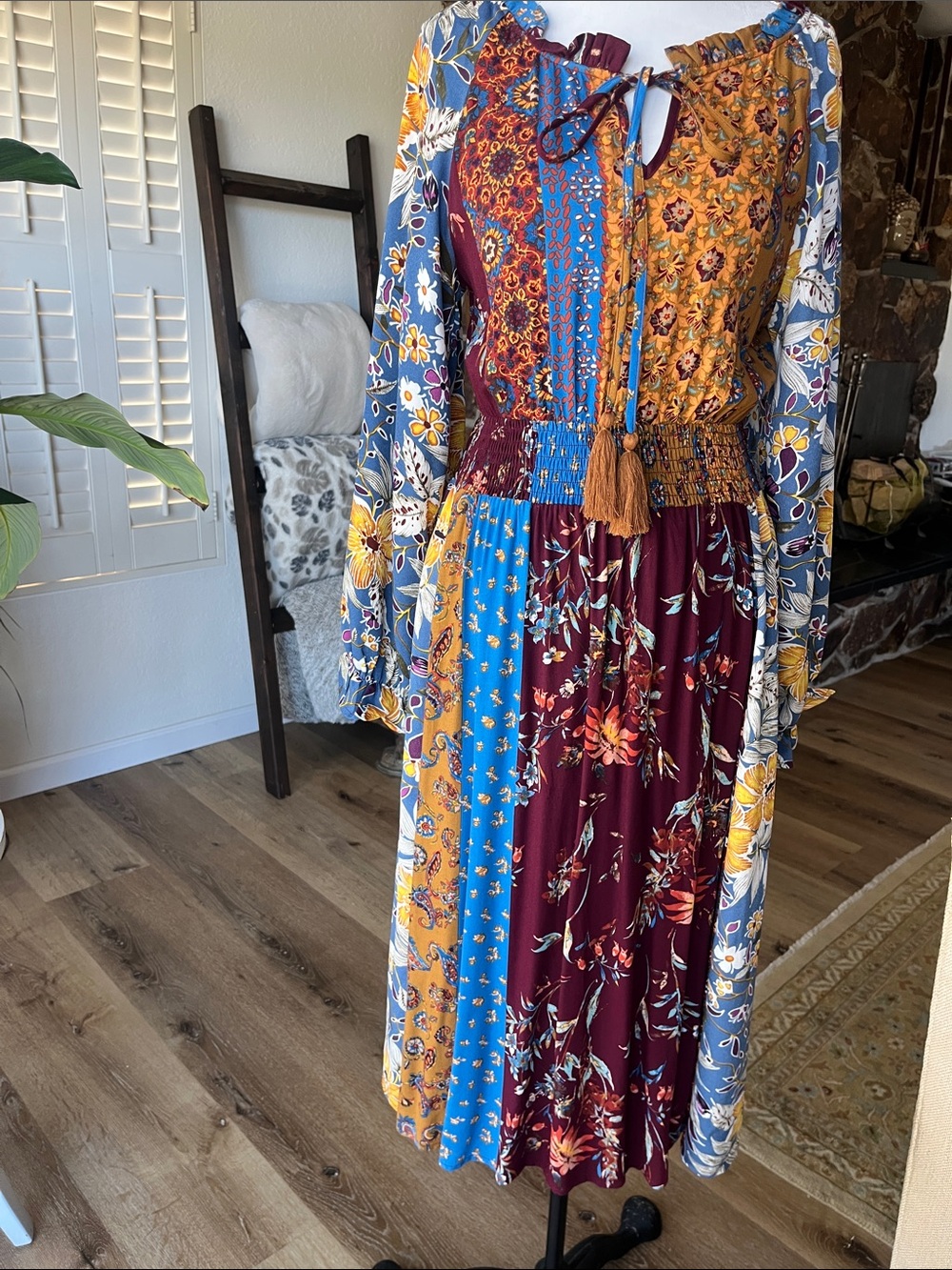 ODDY Boho Patchwork Midi Dress in Mustard, Blue & Burgundy